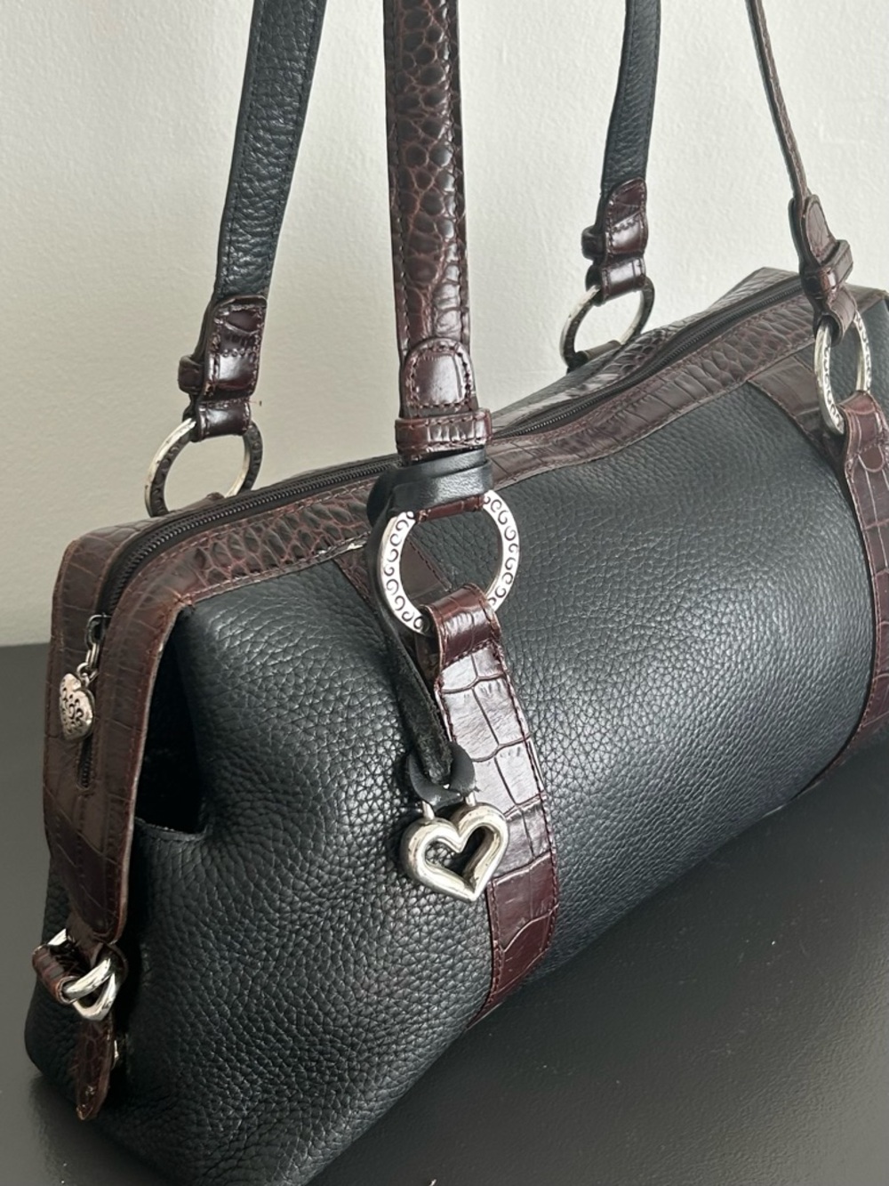 Brighton Black Pebbled Leather shoulder bag Croc Embossed structured purse - Picture 5 of 9